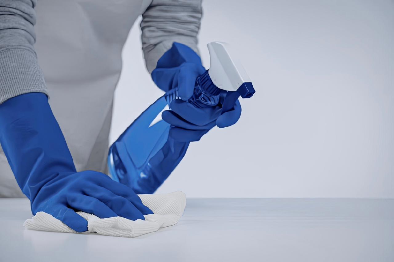 Blue-gloved operator applying a surface disinfection solution with a spray bottle.